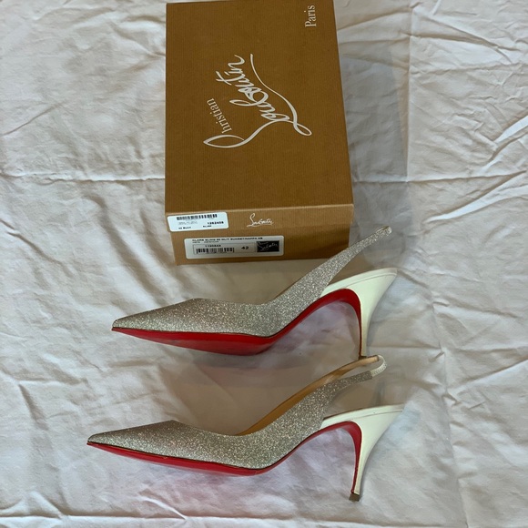 Christian Louboutin Clare Silver Glitter and White Heel Slingback, Size 42! - Picture 6 of 14